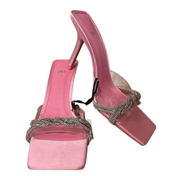 🆕 NWT Zara Square Toe Heels with Rhinestone Accents Size 41/ US 10 - Picture 1 of 9